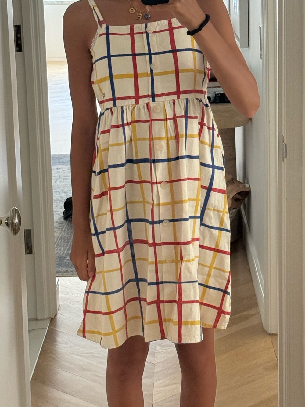 Bobo Choses Cream Dress with Red, Blue, Yellow Grid
